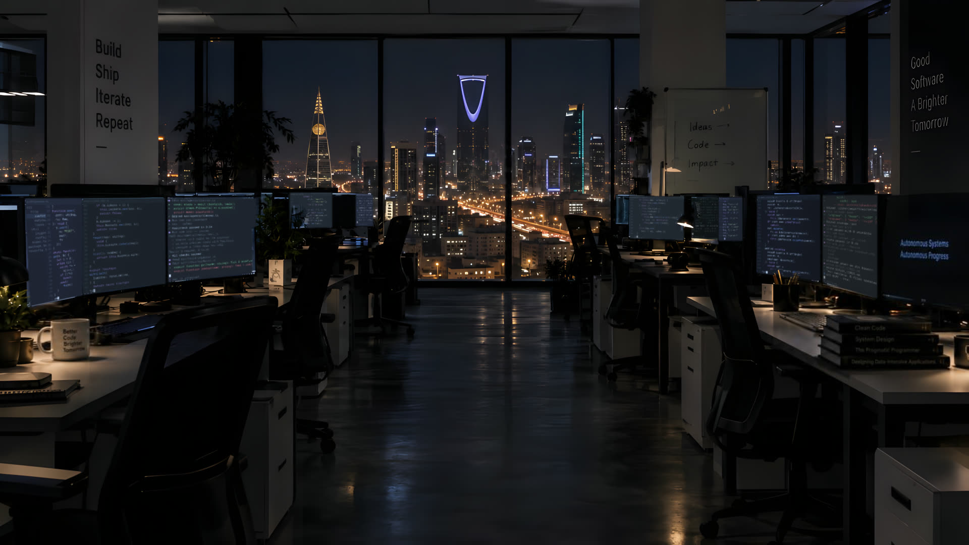 The Mifkar office in Riyadh at night, every monitor writing code